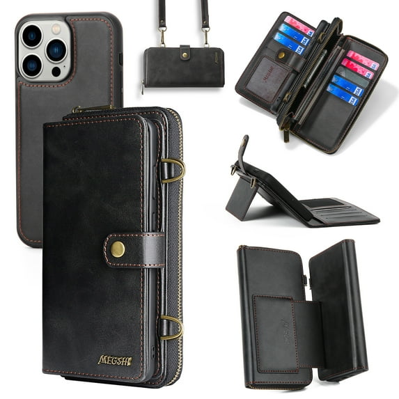 ELEHOLD Leather Wallet Case for iPhone 15 Pro Max 6.7 with Large Capacity 13 Card Slots Zipper Pocket Kickstand Magnetic Detachable Case Crossbody Shoulder Strap Shockproof Protective Cover,Black