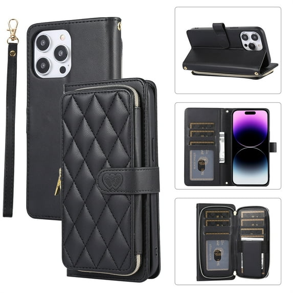 ELEHOLD Leather Wallet Case for iPhone 15 Pro with Zipper Card Wallet Pocket Magnetic Buckle Stand Function Detachable Crossbody Metal Chain Strap Lanyard Shockproof Case,black