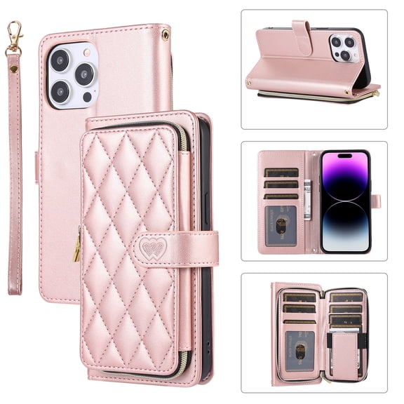 ELEHOLD Leather Wallet Case for iPhone 15 with Zipper Card Wallet Pocket Magnetic Buckle Stand Function Detachable Crossbody Metal Chain Strap Lanyard Shockproof Case,rosegold