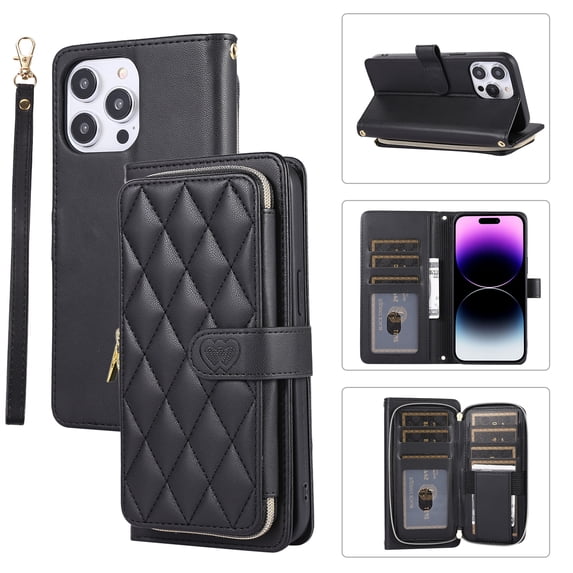 ELEHOLD Leather Wallet Case for iPhone 15 with Zipper Card Wallet Pocket Magnetic Buckle Stand Function Detachable Crossbody Metal Chain Strap Lanyard Shockproof Case,black