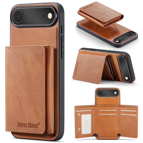 ELEHOLD Leather Wallet Case for iPhone 17 Air, Faux Leather TPU Back Shockproof Anti-Scratch Flip Stand Magnetic Datachable Card Holder Wallet Case for iPhone 17 Air,Brown