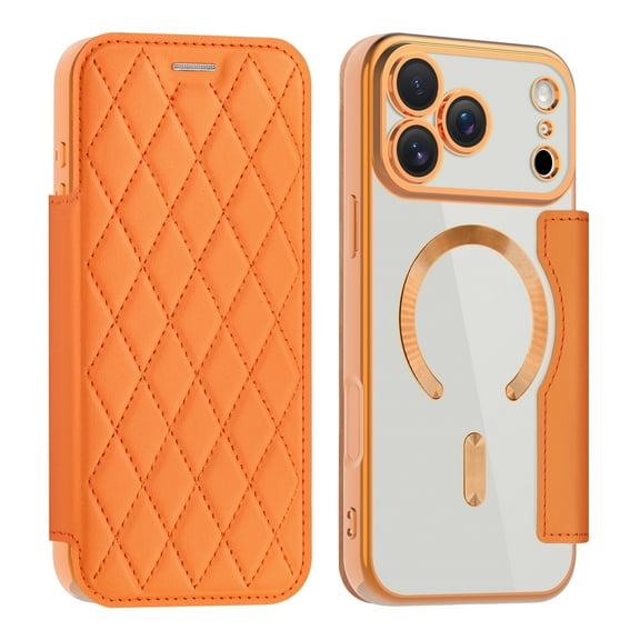 ELEHOLD Leather Wallet Case for iPhone 17 Pro Max Built-in Lens Protector ,Compatible with Mag-safe Accessories, Shockproof RFID Blocking Card Slot Leather Magnetic Cover Women Men, Orange