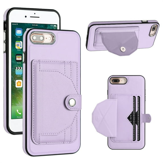 ELEHOLD Leather Wallet Case For iPhone 8 Plus/7 Plus,Premium Leather Material with Back Card Holders Magnetic Button Full Body Shockproof Luxury Case,Purple