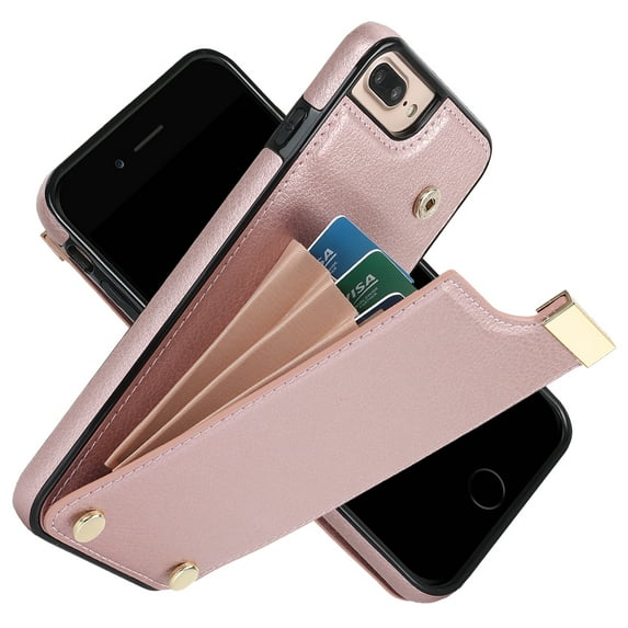 ELEHOLD Leather Wallet Case for iPhone 8 Plus/7 Plus,Premium Leather Material with Organ Card Slots Holders Full Body Protection Shockproof Anti-Fingerprint Purse Case,Rosegold