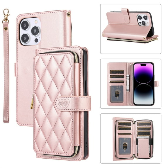ELEHOLD Leather Wallet Case for iPhone 8 Plus/7 Plus with Zipper Card Wallet Pocket Magnetic Buckle Stand Function Detachable Crossbody Metal Chain Strap Lanyard Shockproof Case,rosegold