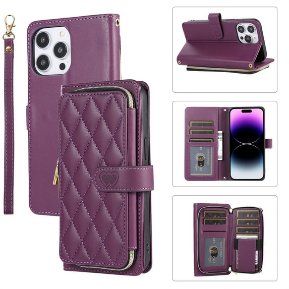 ELEHOLD Leather Wallet Case for iPhone XS Max with Zipper Card Wallet Pocket Magnetic Buckle Stand Function Detachable Crossbody Metal Chain Strap Lanyard Shockproof Case,darkpurple