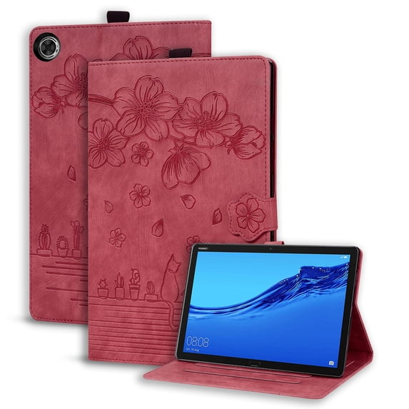 ELEHOLD for Lenovo Tab M10 Plus 3rd Gen 10.6" (2022) Leather Case,Embossed Flower Pattern Flip Case Card Slots Kickstand Magnetic Clasp Shockproof Protective Case for Lenovo Tab M10 Plus,Winered