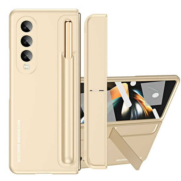 ELEHOLD Luxury Case for Samsung Galaxy Z Fold 4 Full Body Protection Built-in Screen Protector Hidden Kickstand Removable Pen Slot Complimentary Stylus Shockproof Case for Galaxy Z Fold 4,Beige
