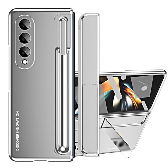 ELEHOLD Luxury Case for Samsung Galaxy Z Fold 4 Rugged Full Body Protective Hinge Protection Built-in Hidden Kickstand Screen Protector Removable Pen Slot Complimentary Stylus Shockproof Case,Silver
