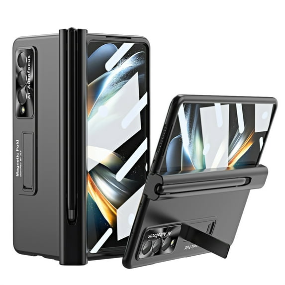 ELEHOLD Luxury Case for Samsung Galaxy Z Fold 4 Rugged Case Hinge Folding All-inclusive with Hidden Kickstand Built-in Screen Protector Lens Protection Pen Slot S Pen Fold Edition Z Fold 4 Case,Black
