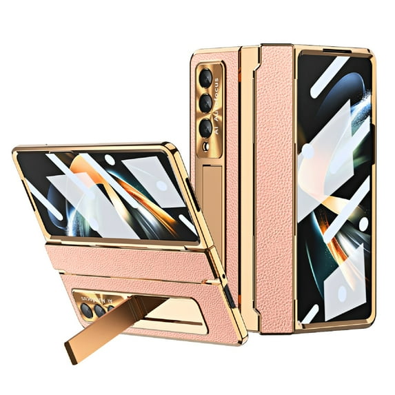 ELEHOLD Luxury Case for Samsung Galaxy Z Fold 4 Rugged PC Shell with Built-in Hidden Kickstand Hinge Protection Support Wireless Charging Shockproof Protective Case,Gold+Pink