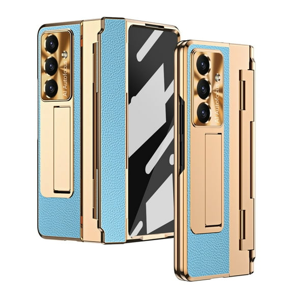 ELEHOLD Luxury Case for Samsung Galaxy Z Fold 7 , Rugged PC Shell with Built-in Screen Protector Hidden Kickstand Hinge Protection Support Wireless Charging Shockproof Full Body Case,Blue+Gold