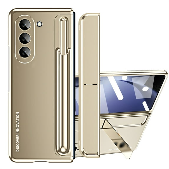 ELEHOLD Luxury Case for Samsung Galaxy Z Fold5 Rugged Full Body Protective Built-in Hidden Kickstand Screen Protector Removable Pen Slot Free Stylus Pen Shockproof Case for Samsung Z Fold5,Gold