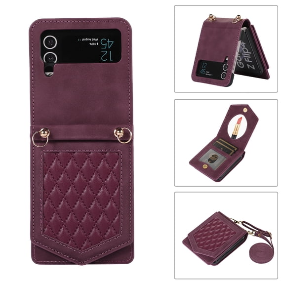 ELEHOLD Luxury Flip Wallet Case for Samsung Galaxy Z Flip 4 Argyle Pattern Leather RFID Bocking Card Slots Hidden Mirror Magnetic Button Adjustable Shoulder Strap,Red