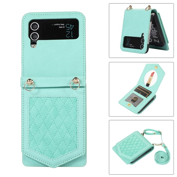 ELEHOLD Luxury Flip Wallet Case for Samsung Galaxy Z Flip 4 Argyle Pattern Leather RFID Bocking Card Slots Hidden Mirror Magnetic Button Adjustable Shoulder Strap,Green