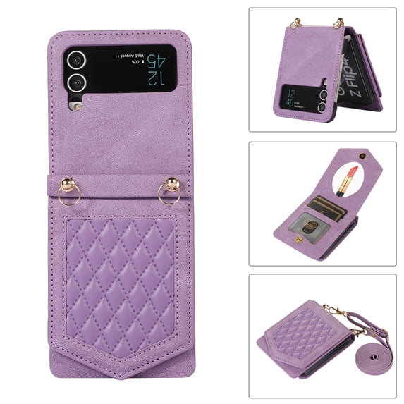 ELEHOLD Luxury Flip Wallet Case for Samsung Galaxy Z Flip 4 Argyle Pattern Leather RFID Bocking Card Slots Hidden Mirror Magnetic Button Adjustable Shoulder Strap,Purple