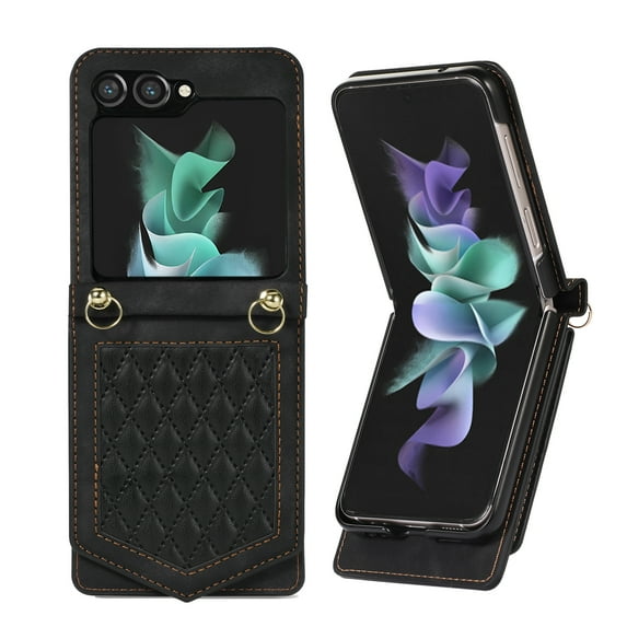 ELEHOLD Luxury Flip Wallet Case for Samsung Galaxy Z Flip 5 Argyle Pattern Leather RFID Bocking Card Slots Hidden Mirror Magnetic Button Adjustable Shoulder Strap for Galaxy Z Flip 5,Black