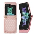 thumbnail image 1 of ELEHOLD Luxury Flip Wallet Case for Samsung Galaxy Z Flip 5 Argyle Pattern Leather RFID Bocking Card Slots Hidden Mirror Magnetic Button Adjustable Shoulder Strap for Galaxy Z Flip 5,Rosegold, 1 of 7