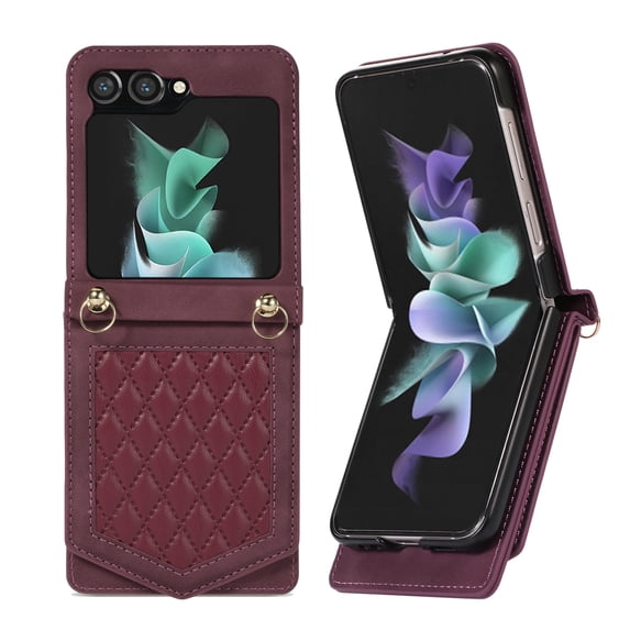 ELEHOLD Luxury Flip Wallet Case for Samsung Galaxy Z Flip 5 Argyle Pattern Leather RFID Bocking Card Slots Hidden Mirror Magnetic Button Adjustable Shoulder Strap for Galaxy Z Flip 5,Red