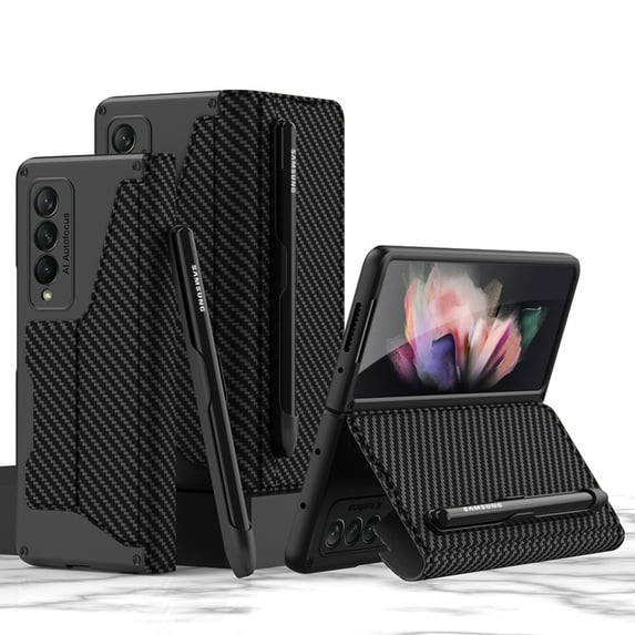 ELEHOLD Luxury Folding Leather Case for Samsung Galaxy Z Fold 3 Multi-Functional Wallet Case with Card Slots Pen Slot Shockproof Support Wireless Charging Case for Z Fold 3, Carbonfiber