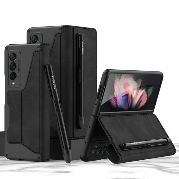 ELEHOLD Luxury Folding Leather Case for Samsung Galaxy Z Fold 3 Multi-Functional Wallet Case with Card Slots Pen Slot Shockproof Support Wireless Charging Case for Z Fold 3, Black