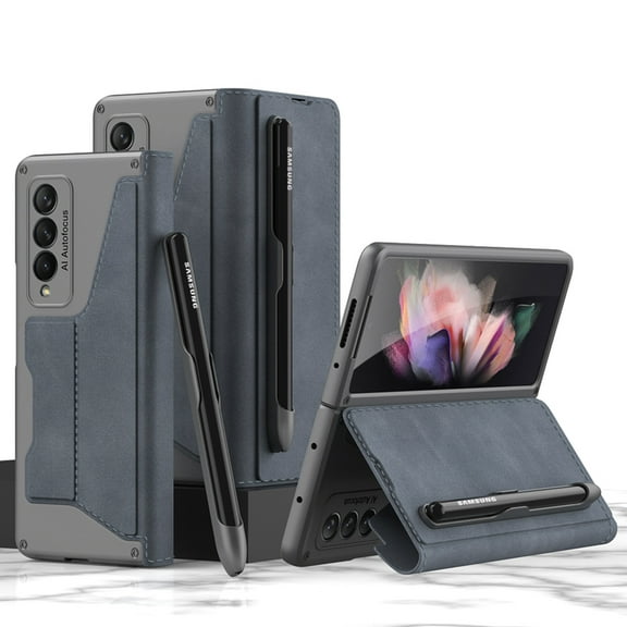 ELEHOLD Luxury Folding Leather Case for Samsung Galaxy Z Fold 3 Multi-Functional Wallet Case with Card Slots Pen Slot Shockproof Support Wireless Charging Case for Z Fold 3, Gray