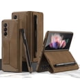 thumbnail image 1 of ELEHOLD Luxury Folding Leather Case for Samsung Galaxy Z Fold 3 Multi-Functional Wallet Case with Card Slots Pen Slot Shockproof Support Wireless Charging Case for Z Fold 3, Brown, 1 of 9