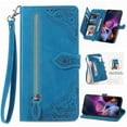 thumbnail image 1 of ELEHOLD Luxury Folio Wallet Case for Motorola Moto G Play 5G 2024,Moto G 5G 2024, Embossed Flower Pattern 7 Card Slots Zipper Pocket Wrist Strap Kickstand Case Cover, Blue, 1 of 7
