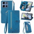 thumbnail image 1 of ELEHOLD Luxury Folio Wallet Case for Motorola Moto G Power (2025), Embossed Flower Pattern 7 Card Slots Zipper Pocket Wrist Strap Kickstand Case Cover, Blue, 1 of 6