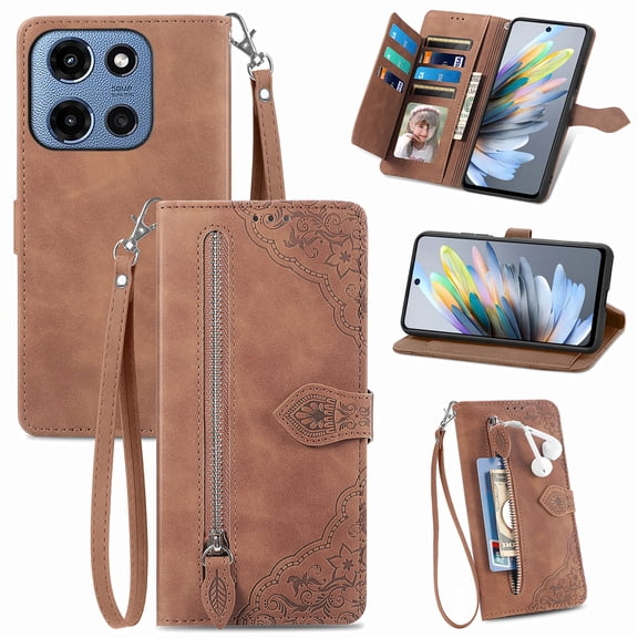 ELEHOLD Luxury Folio Wallet Case for Motorola Moto G Power (2025), Embossed Flower Pattern 7 Card Slots Zipper Pocket Wrist Strap Kickstand Case Cover, Brown