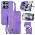 thumbnail image 1 of ELEHOLD Luxury Folio Wallet Case for Motorola Moto G Power (2025), Embossed Flower Pattern 7 Card Slots Zipper Pocket Wrist Strap Kickstand Case Cover, Purple, 1 of 6