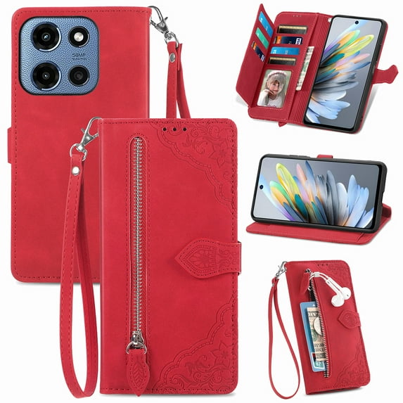 ELEHOLD Luxury Folio Wallet Case for Motorola Moto G Power (2025), Embossed Flower Pattern 7 Card Slots Zipper Pocket Wrist Strap Kickstand Case Cover, Red