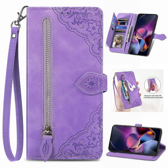 ELEHOLD Luxury Folio Wallet Case for Motorola Moto G Power 5G 2024, Embossed Flower Pattern 7 Card Slots Zipper Pocket Wrist Strap Kickstand Case Cover for Moto G Power 5G 2024, Purple