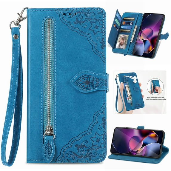 ELEHOLD Luxury Folio Wallet Case for Motorola Moto G Power 5G 2024, Embossed Flower Pattern 7 Card Slots Zipper Pocket Wrist Strap Kickstand Case Cover for Moto G Power 5G 2024, Blue