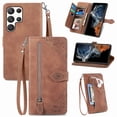 thumbnail image 1 of ELEHOLD Luxury Folio Wallet Case for Samsung Galaxy S25 Ultra, Embossed Flower Pattern 7 Card Slots Zipper Pocket Wrist Strap Kickstand Case Cover, Brown, 1 of 6