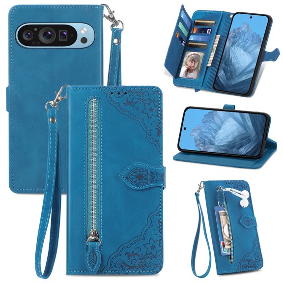 ELEHOLD Luxury Folio Wallet Case for Google Pixel 10 Pro XL / 9 Pro XL, Embossed Flower Pattern 7 Card Slots Zipper Pocket Wrist Strap Kickstand Case Cover, Blue