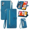 thumbnail image 1 of ELEHOLD Luxury Folio Wallet Case for Motorola Edge (2025), Embossed Flower Pattern 7 Card Slots Zipper Pocket Wrist Strap Kickstand Case Cover, Blue, 1 of 6