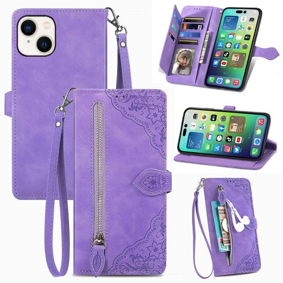 ELEHOLD Luxury Folio Wallet Case for iPhone 15, Embossed Flower Pattern 7 Card Slots Zipper Pocket Wrist Strap Kickstand Function for iPhone 15 -6.1" Purse Case, Purple
