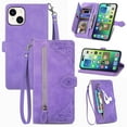 thumbnail image 1 of ELEHOLD Luxury Folio Wallet Case for iPhone 15, Embossed Flower Pattern 7 Card Slots Zipper Pocket Wrist Strap Kickstand Function for iPhone 15 -6.1" Purse Case, Purple, 1 of 7