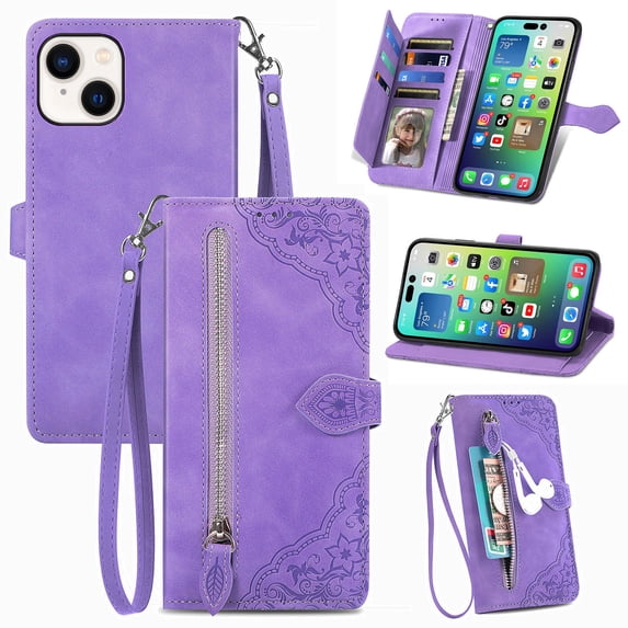 ELEHOLD Luxury Folio Wallet Case for iPhone 15, Embossed Flower Pattern 7 Card Slots Zipper Pocket Wrist Strap Kickstand Function for iPhone 15 -6.1" Purse Case, Purple