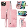 thumbnail image 1 of ELEHOLD Luxury Folio Wallet Case for iPhone 15 Pro, Embossed Flower Pattern 7 Card Slots Zipper Pocket Wrist Strap Kickstand Function for iPhone 15 Pro 6.1" Purse Case, Pink, 1 of 7
