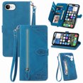 thumbnail image 1 of ELEHOLD Luxury Folio Wallet Case for iPhone 16e 2025, Embossed Flower Pattern 7 Card Slots Zipper Pocket Wrist Strap Kickstand Case Cover for iPhone 16e 2025, Blue, 1 of 6