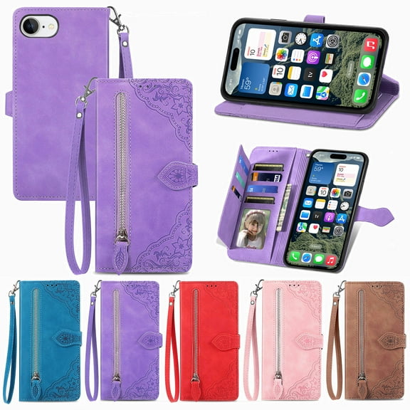 ELEHOLD Luxury Folio Wallet Case for iPhone 16e 2025, Embossed Flower Pattern 7 Card Slots Zipper Pocket Wrist Strap Kickstand Case Cover for iPhone 16e 2025, Purple