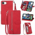 thumbnail image 1 of ELEHOLD Luxury Folio Wallet Case for iPhone 16e 2025, Embossed Flower Pattern 7 Card Slots Zipper Pocket Wrist Strap Kickstand Case Cover for iPhone 16e 2025, Red, 1 of 6