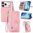 thumbnail image 1 of ELEHOLD Luxury Folio Wallet Case For iPhone 17 Pro Max , Embossed Flower Pattern 7 Card Slots Zipper Pocket Wrist Strap Kickstand Case Cover, Pink, 1 of 6