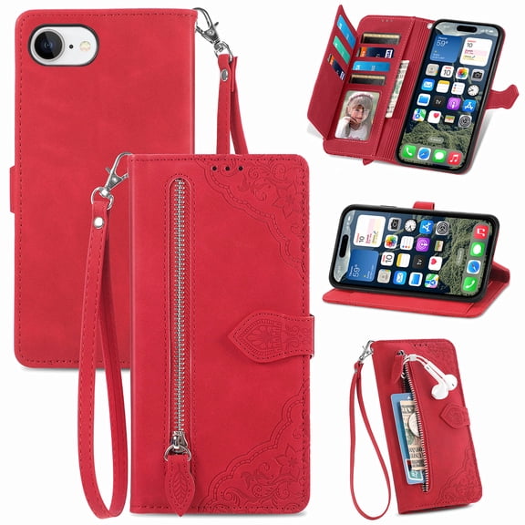 ELEHOLD Luxury Folio Wallet Case for iPhone 17e , Embossed Flower Pattern 7 Card Slots Zipper Pocket Wrist Strap Kickstand Case Cover for iPhone 17e , Red