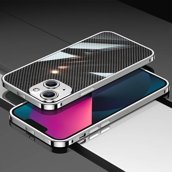 ELEHOLD Luxury Heavy Duty Case for iPhone 14 6.1 inch Slim Thin Case Stainless Steel Frame Carbon Fiber Back Design All-inclusive Lens Protection Shockproof Case,Silver