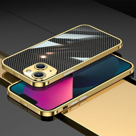 ELEHOLD Luxury Heavy Duty Case for iPhone 14 6.1 inch Slim Thin Case Stainless Steel Frame Carbon Fiber Back Design All-inclusive Lens Protection Shockproof Case,Gold
