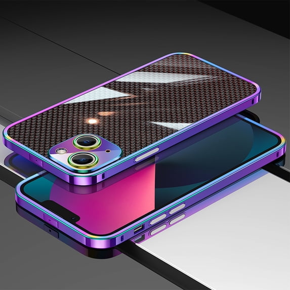 ELEHOLD Luxury Heavy Duty Case for iPhone 14 Plus 6.7 inch Slim Thin Case Stainless Steel Frame Carbon Fiber Back Design All-inclusive Lens Protection Shockproof Case,Purple