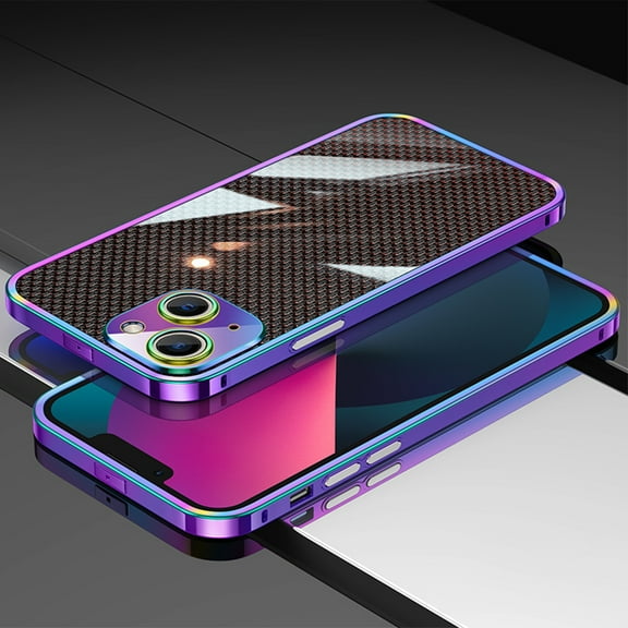 ELEHOLD Luxury Heavy Duty Case for iPhone 14 Plus 6.7 inch Slim Thin Case Stainless Steel Frame Carbon Fiber Back Design All-inclusive Lens Protection Shockproof Case,Purple